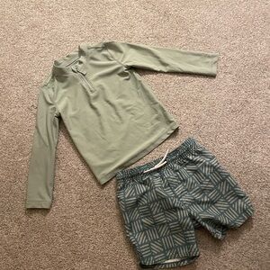 Kids Green Rash Guard Top with Patterned Swim Shorts
